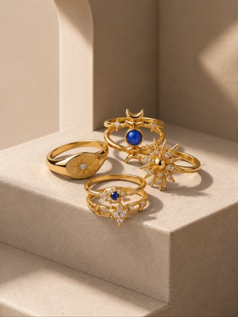 Gold Starburst and Gemstone Ring Set - Women Jewelry